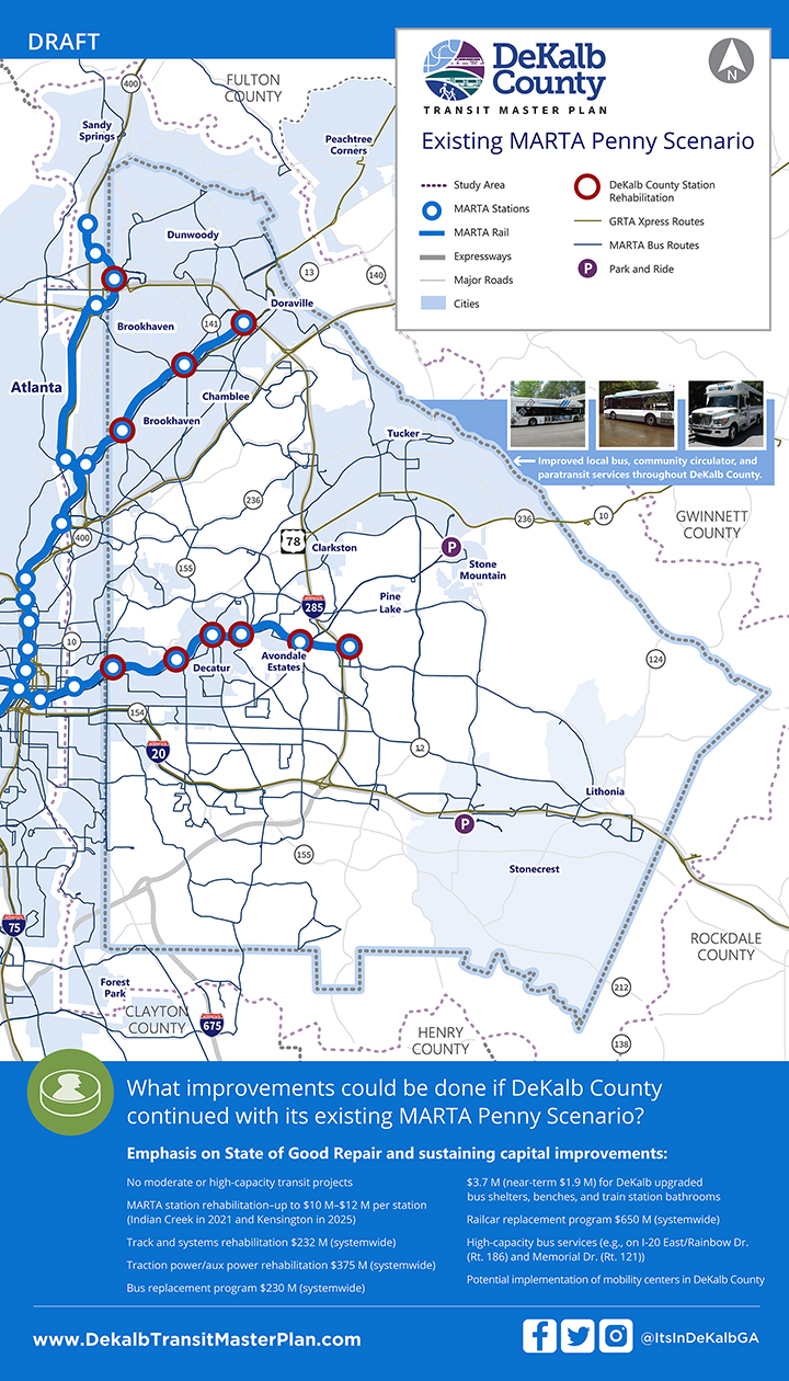 DeKalb County Existing MARTA Penny Scenario docuses on the maintenance and operations of existing system with no additional moderate- or high-capacity transit projects.