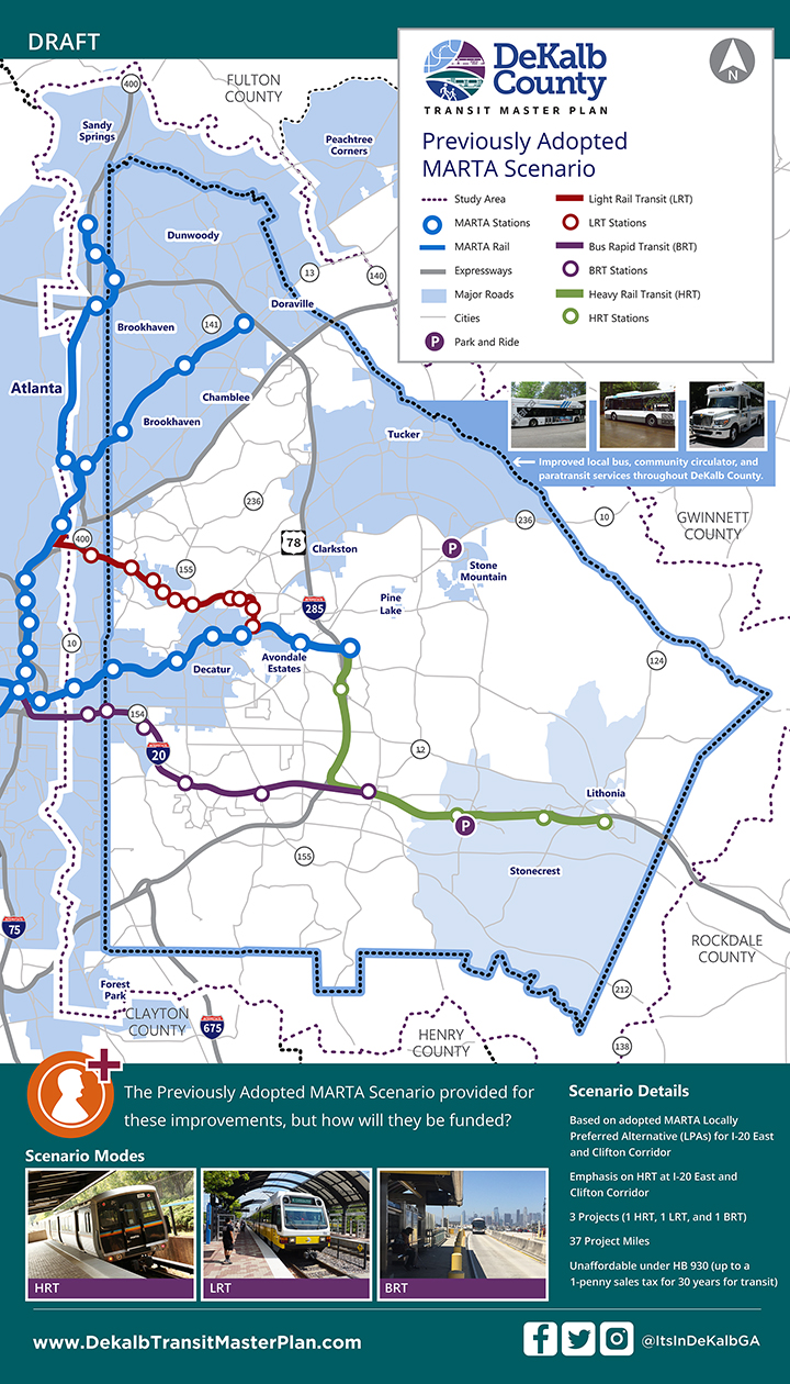 DeKalb County Previously Adopted MARTA Scenario-Focuses on adopted MARTA plans for I-20 East and Clifton Corridor. Features 3 projects- 1 HRT, 1 LRT, and 1 BRT and 37 project miles. Requires more than 1 penny sales tax increase.